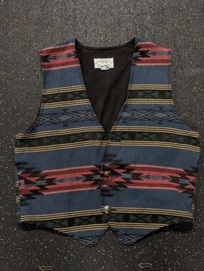 Vtg American Eagle Vest Sz L Southwest Western 90s Button Front Stripe Blue Yell